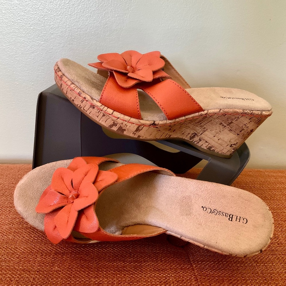 GH Bass Luca Leather Flower Cork Wedge Sandals Sz 7Coral Orange Slide Mules Boho